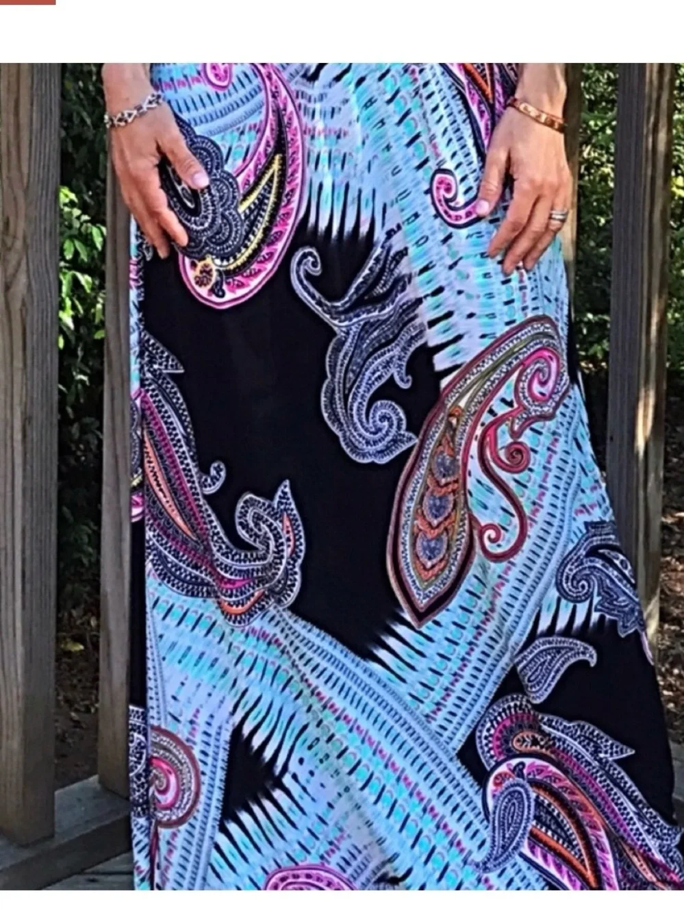 Maxi Skirt with Turquoise Paisley Print - Pink Accented